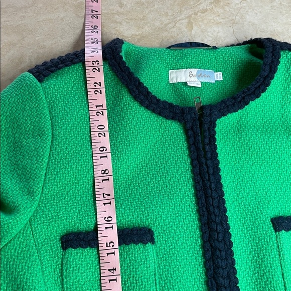 Boden Green Wool Blend Bouclé Jacket Navy Trim Pockets Zip Cuff UK14 US10 - Picture 8 of 9